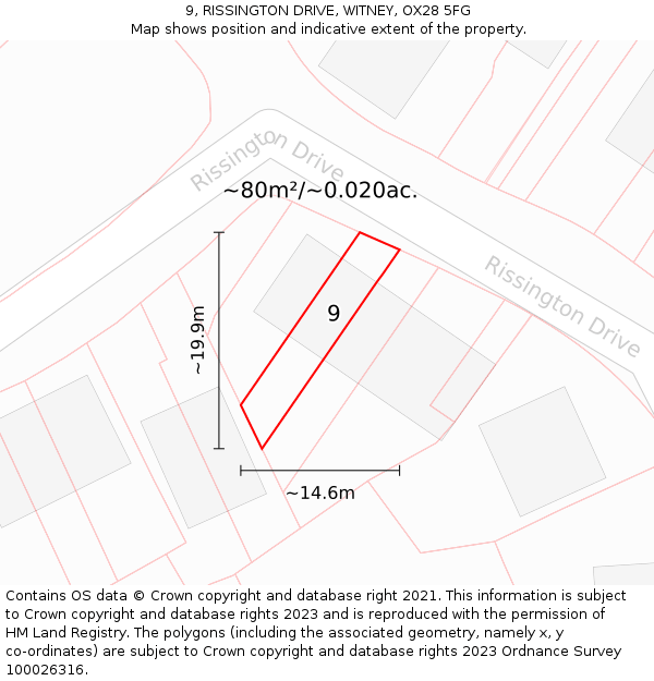 9, RISSINGTON DRIVE, WITNEY, OX28 5FG: Plot and title map