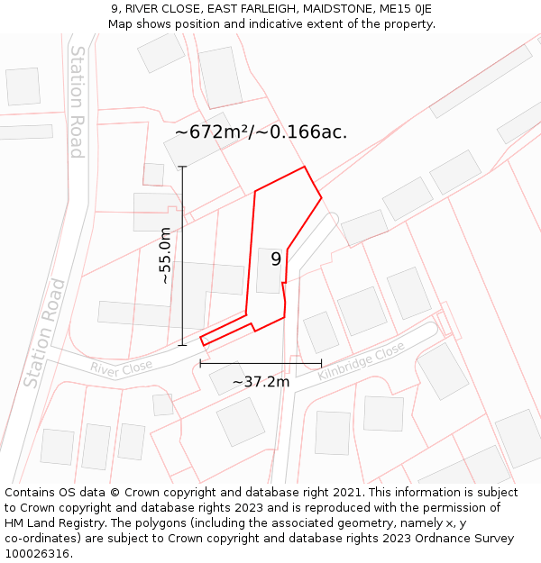 9, RIVER CLOSE, EAST FARLEIGH, MAIDSTONE, ME15 0JE: Plot and title map