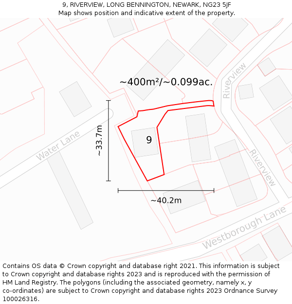 9, RIVERVIEW, LONG BENNINGTON, NEWARK, NG23 5JF: Plot and title map