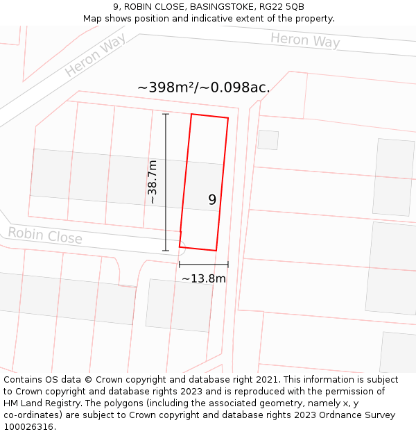 9, ROBIN CLOSE, BASINGSTOKE, RG22 5QB: Plot and title map