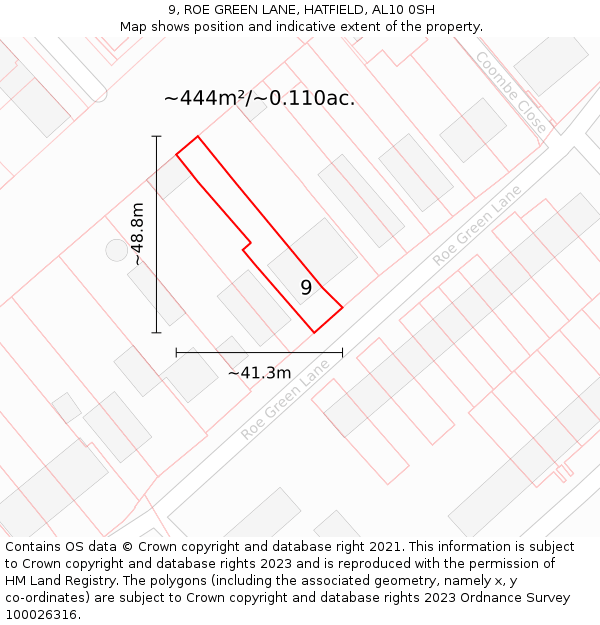 9, ROE GREEN LANE, HATFIELD, AL10 0SH: Plot and title map