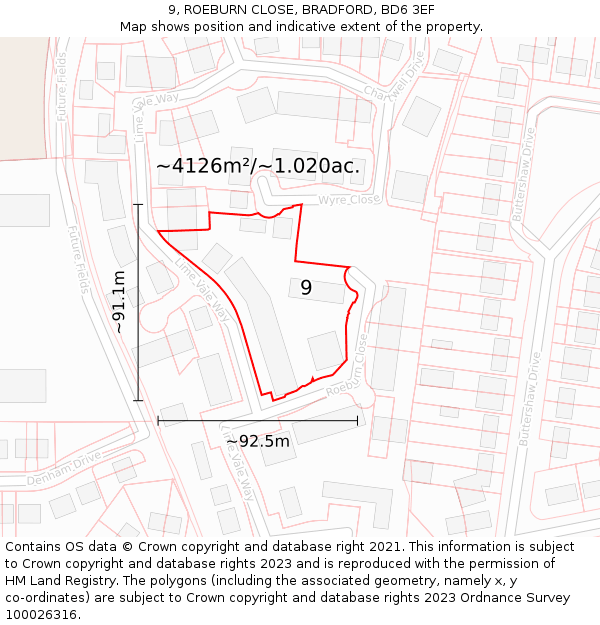 9, ROEBURN CLOSE, BRADFORD, BD6 3EF: Plot and title map