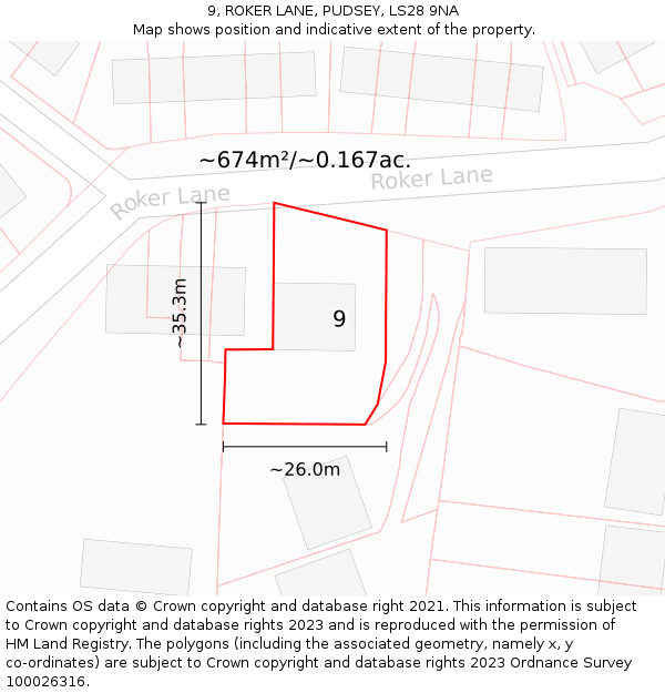 9, ROKER LANE, PUDSEY, LS28 9NA: Plot and title map