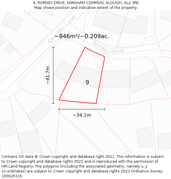 9, ROMSEY DRIVE, FARNHAM COMMON, SLOUGH, SL2 3RE: Plot and title map