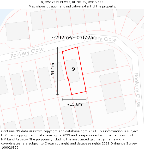 9, ROOKERY CLOSE, RUGELEY, WS15 4EE: Plot and title map