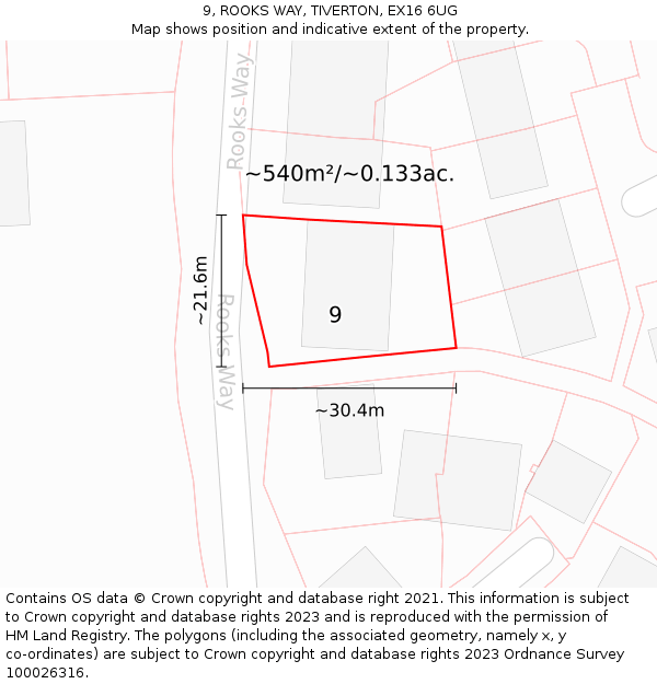 9, ROOKS WAY, TIVERTON, EX16 6UG: Plot and title map