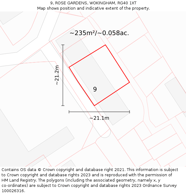 9, ROSE GARDENS, WOKINGHAM, RG40 1XT: Plot and title map