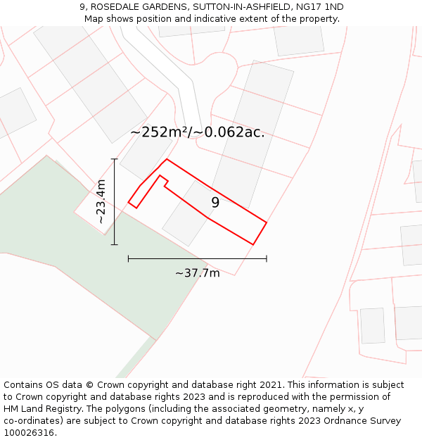 9, ROSEDALE GARDENS, SUTTON-IN-ASHFIELD, NG17 1ND: Plot and title map