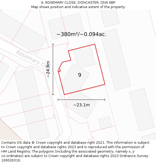 9, ROSEMARY CLOSE, DONCASTER, DN4 6BP: Plot and title map