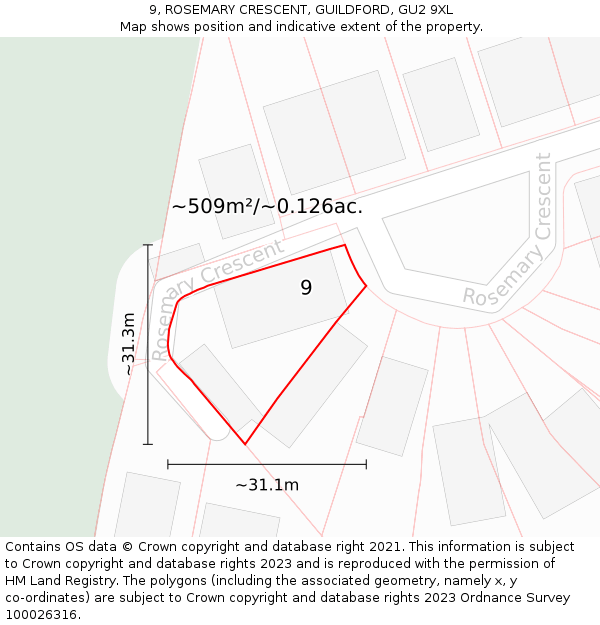 9, ROSEMARY CRESCENT, GUILDFORD, GU2 9XL: Plot and title map