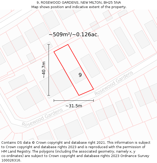 9, ROSEWOOD GARDENS, NEW MILTON, BH25 5NA: Plot and title map