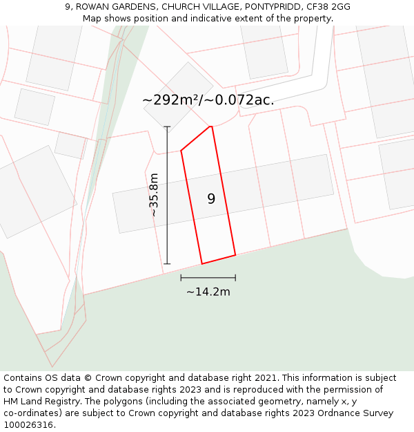 9, ROWAN GARDENS, CHURCH VILLAGE, PONTYPRIDD, CF38 2GG: Plot and title map