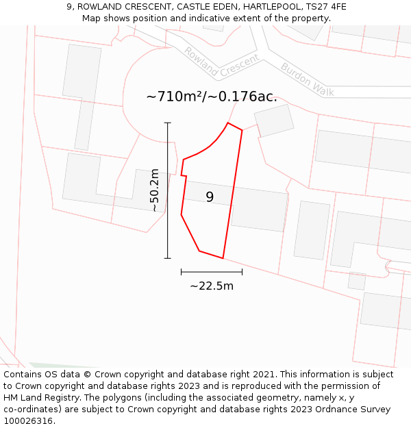 9, ROWLAND CRESCENT, CASTLE EDEN, HARTLEPOOL, TS27 4FE: Plot and title map