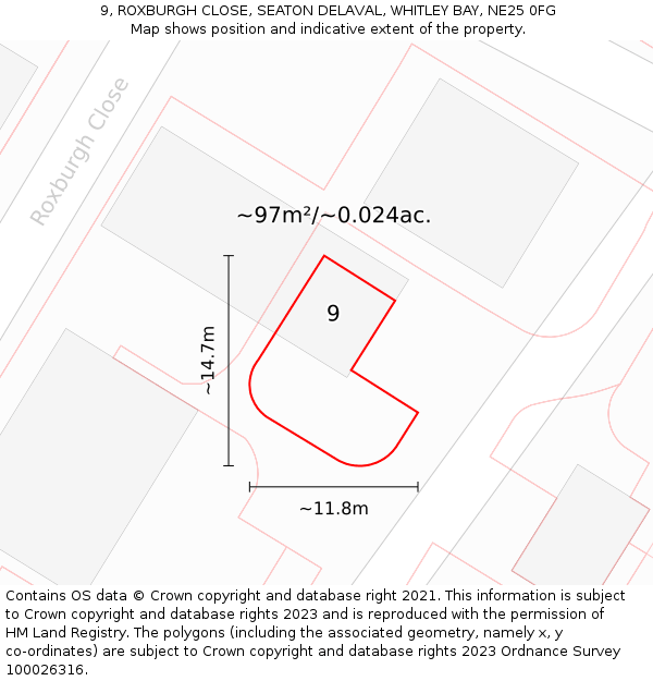 9, ROXBURGH CLOSE, SEATON DELAVAL, WHITLEY BAY, NE25 0FG: Plot and title map