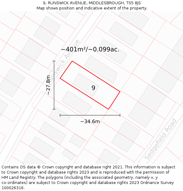 9, RUNSWICK AVENUE, MIDDLESBROUGH, TS5 8JS: Plot and title map