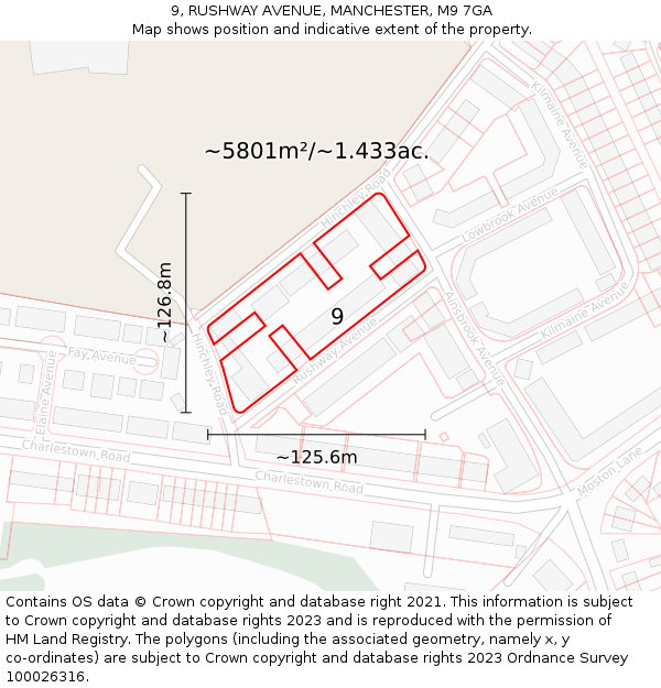 9, RUSHWAY AVENUE, MANCHESTER, M9 7GA: Plot and title map