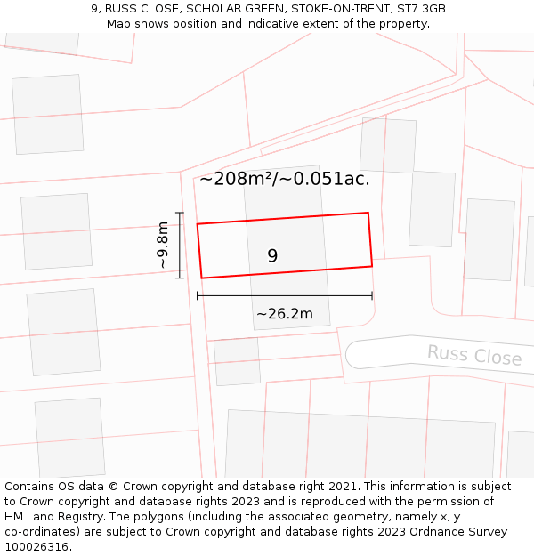 9, RUSS CLOSE, SCHOLAR GREEN, STOKE-ON-TRENT, ST7 3GB: Plot and title map