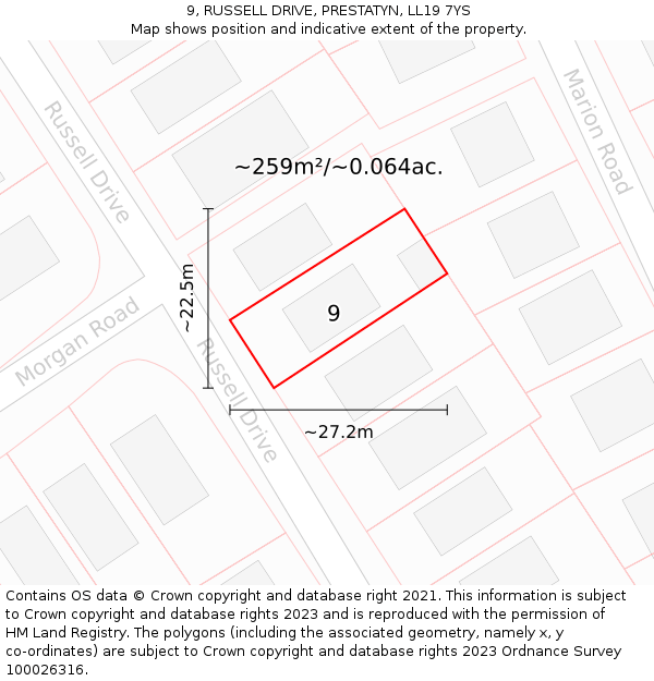 9, RUSSELL DRIVE, PRESTATYN, LL19 7YS: Plot and title map