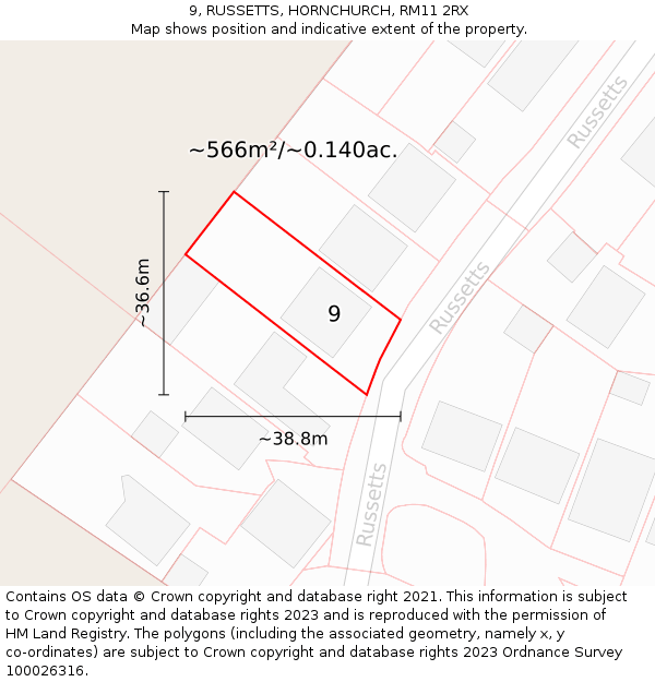 9, RUSSETTS, HORNCHURCH, RM11 2RX: Plot and title map