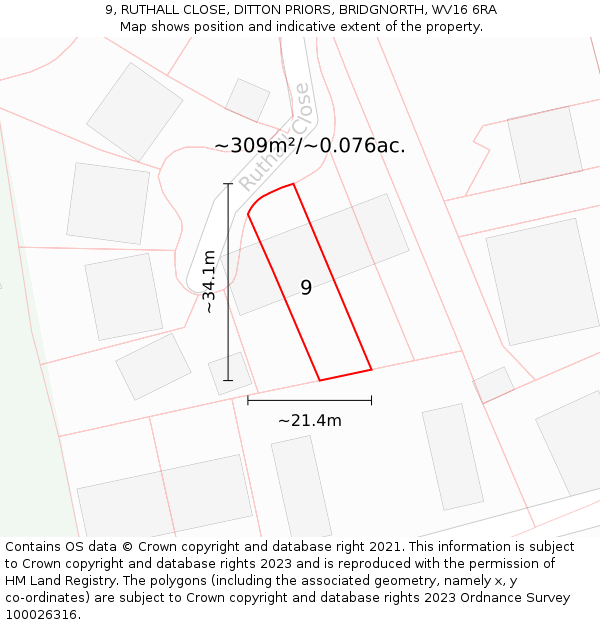 9, RUTHALL CLOSE, DITTON PRIORS, BRIDGNORTH, WV16 6RA: Plot and title map