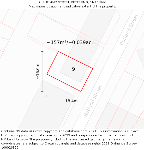 9, RUTLAND STREET, KETTERING, NN16 8NX: Plot and title map