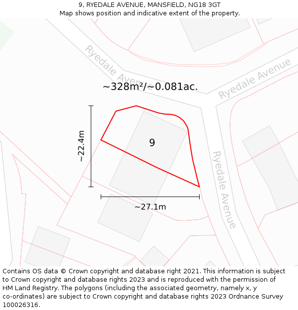 9, RYEDALE AVENUE, MANSFIELD, NG18 3GT: Plot and title map