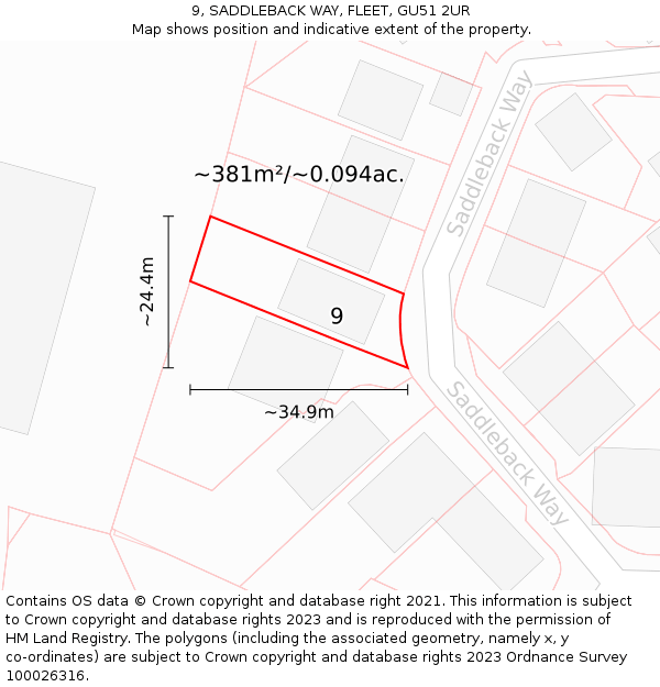 9, SADDLEBACK WAY, FLEET, GU51 2UR: Plot and title map