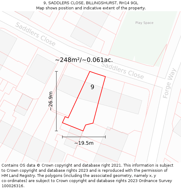 9, SADDLERS CLOSE, BILLINGSHURST, RH14 9GL: Plot and title map