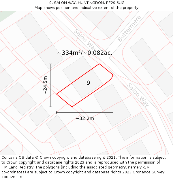 9, SALON WAY, HUNTINGDON, PE29 6UG: Plot and title map