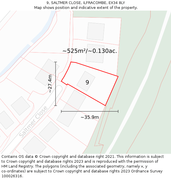 9, SALTMER CLOSE, ILFRACOMBE, EX34 8LY: Plot and title map