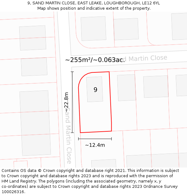 9, SAND MARTIN CLOSE, EAST LEAKE, LOUGHBOROUGH, LE12 6YL: Plot and title map