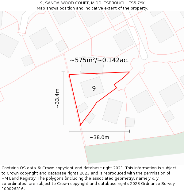 9, SANDALWOOD COURT, MIDDLESBROUGH, TS5 7YX: Plot and title map