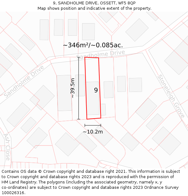 9, SANDHOLME DRIVE, OSSETT, WF5 8QP: Plot and title map