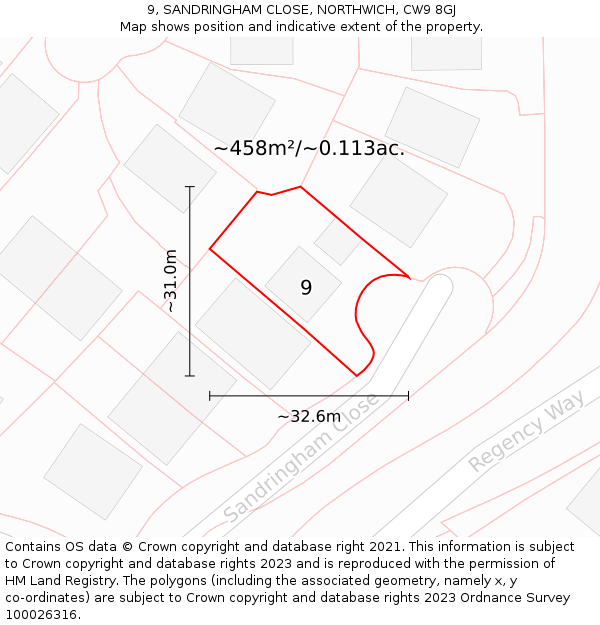 9, SANDRINGHAM CLOSE, NORTHWICH, CW9 8GJ: Plot and title map