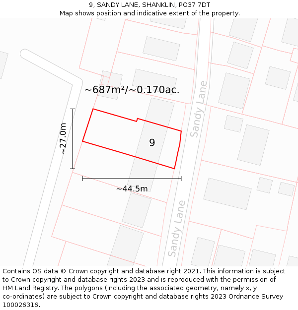 9, SANDY LANE, SHANKLIN, PO37 7DT: Plot and title map