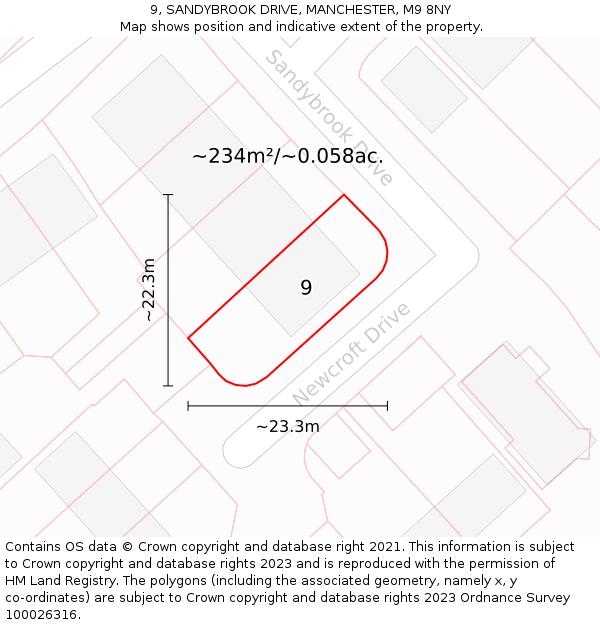 9, SANDYBROOK DRIVE, MANCHESTER, M9 8NY: Plot and title map