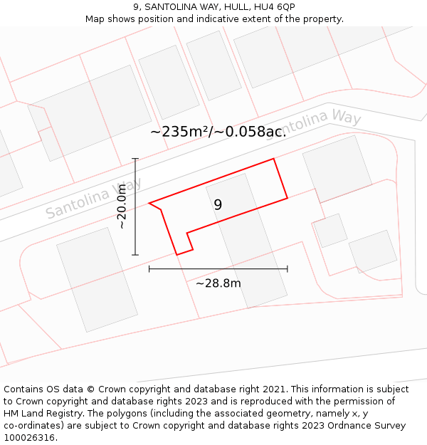 9, SANTOLINA WAY, HULL, HU4 6QP: Plot and title map