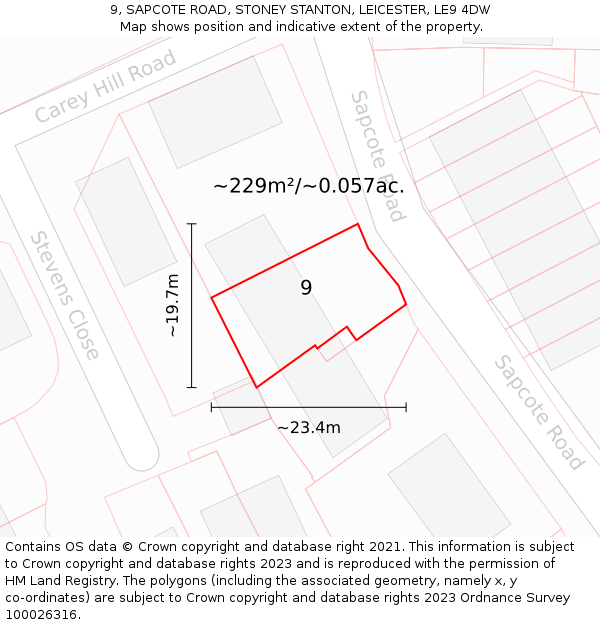 9, SAPCOTE ROAD, STONEY STANTON, LEICESTER, LE9 4DW: Plot and title map