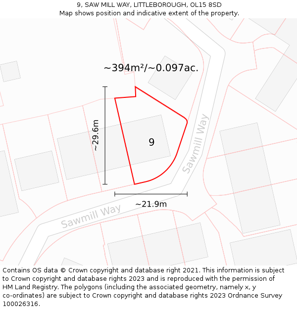 9, SAW MILL WAY, LITTLEBOROUGH, OL15 8SD: Plot and title map