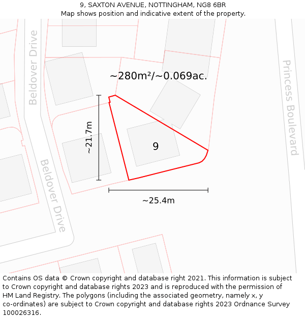 9, SAXTON AVENUE, NOTTINGHAM, NG8 6BR: Plot and title map