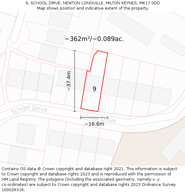 9, SCHOOL DRIVE, NEWTON LONGVILLE, MILTON KEYNES, MK17 0DD: Plot and title map