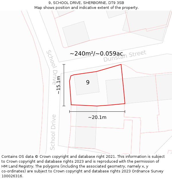 9, SCHOOL DRIVE, SHERBORNE, DT9 3SB: Plot and title map