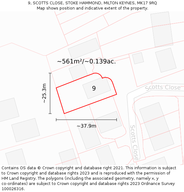 9, SCOTTS CLOSE, STOKE HAMMOND, MILTON KEYNES, MK17 9RQ: Plot and title map