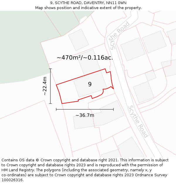 9, SCYTHE ROAD, DAVENTRY, NN11 0WN: Plot and title map