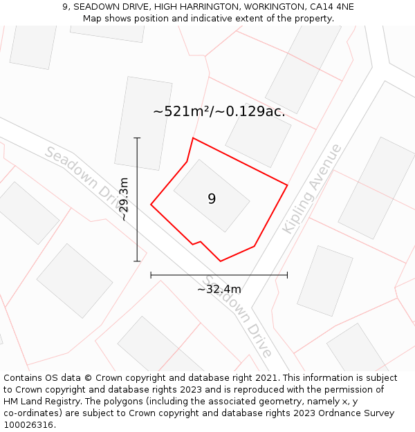 9, SEADOWN DRIVE, HIGH HARRINGTON, WORKINGTON, CA14 4NE: Plot and title map