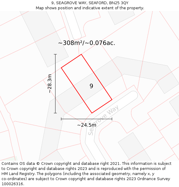 9, SEAGROVE WAY, SEAFORD, BN25 3QY: Plot and title map