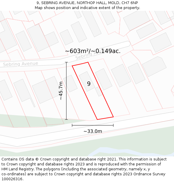 9, SEBRING AVENUE, NORTHOP HALL, MOLD, CH7 6NP: Plot and title map