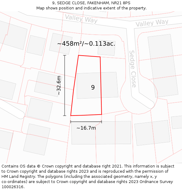 9, SEDGE CLOSE, FAKENHAM, NR21 8PS: Plot and title map