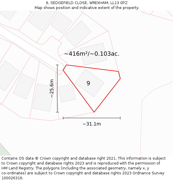 9, SEDGEFIELD CLOSE, WREXHAM, LL13 0PZ: Plot and title map