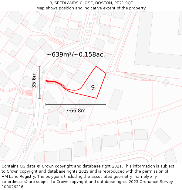 9, SEEDLANDS CLOSE, BOSTON, PE21 9QE: Plot and title map